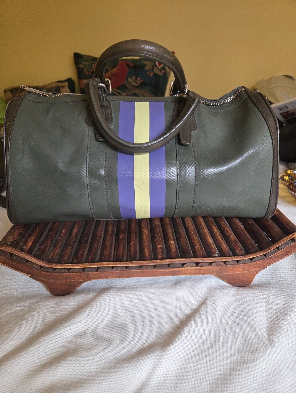 Club Monaco Olive Green Duffel with Blue and Yellow Center Stripe